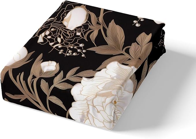 Feelyou Kids Adult Vintage Floral Bedding Set Queen Size，Black Duvet Cover Flower Gold Leaf Plant Pattern Comforter Cover Microfiber Bedspread Cover for Bedroom Decor,No Comforter