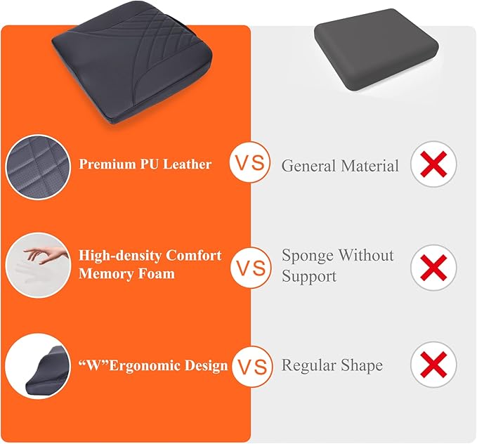 kingphenix Premium Car Seat Cushion, Memory Foam Driver Seat Cushion to Improve Driving View- Coccyx & Lower Back Pain Relief - Seat Cushion for Car, Truck, Office Chair (Leather Black)