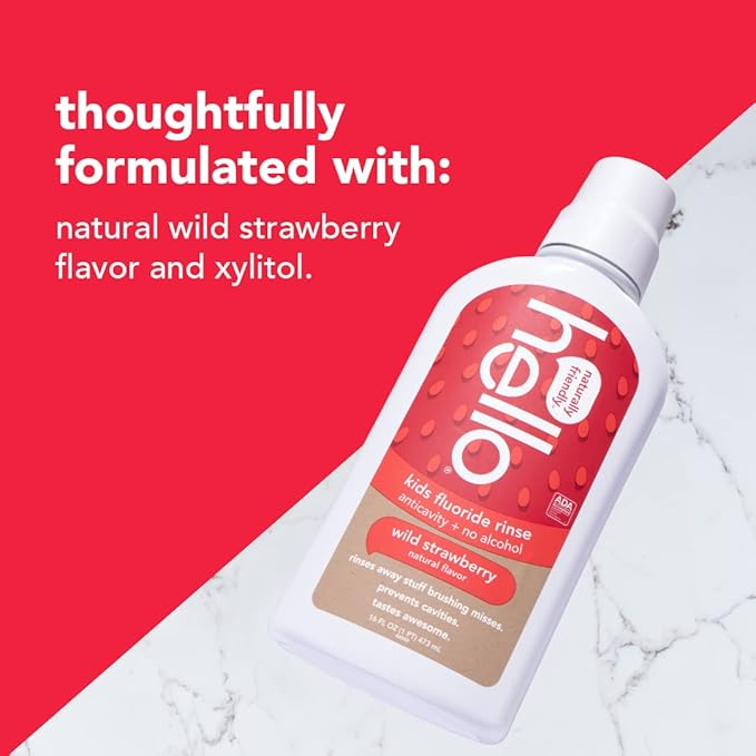 Hello Kids Wild Strawberry Natural Flavor Anticavity Fluoride Rinse - Vegan, Alcohol Free, and SLS Free Mouthwash for Children Age 2 and Up - 16 Ounce (Pack of 3)