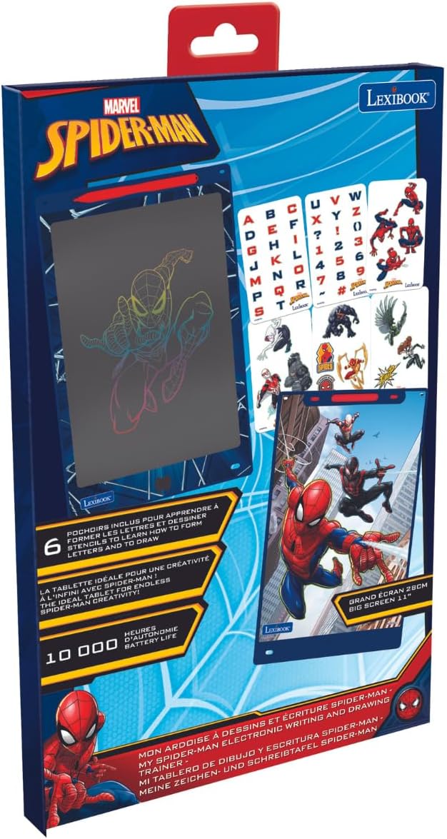 Lexibook, Spider-Man, Magic Slate, Artistic and Creative Toy for Girls and Boys, Multicoloured Drawings, 11" Screen, Includes 1 Stylus and 6 Stencils, Blue, CRT10SP