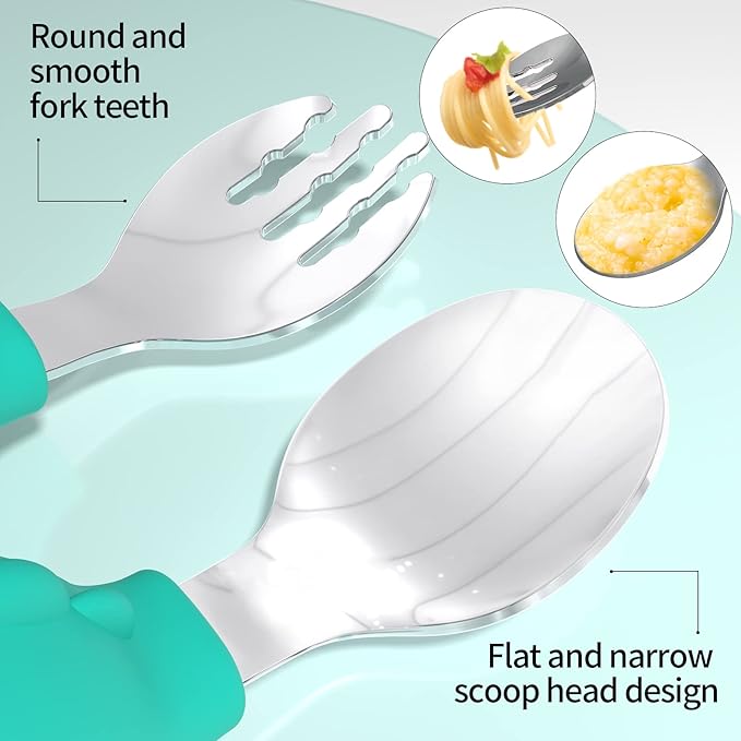 Deejoy Toddler Utensils, Toddler Spoons and Forks, Stainless Steel Spoon Toddler Silverware Set, Kids Silverware Self Feeding Flatware Set with Travel Safe Case for Kids (Green)
