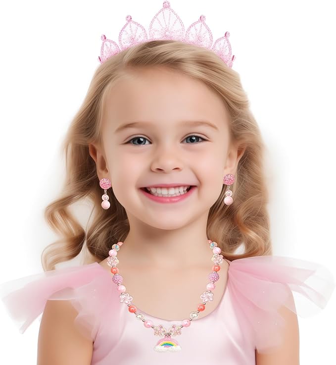 Girl Handbag Purse for Little Girls Kids Pretend Play Dress Up Necklace Hair Accessories Jewelry Set, Light Pink