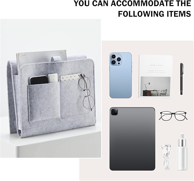 YOUDENOVA Bedside Caddy, Bedside Organizer for Dorm Room, Bunk Bed, Light Grey