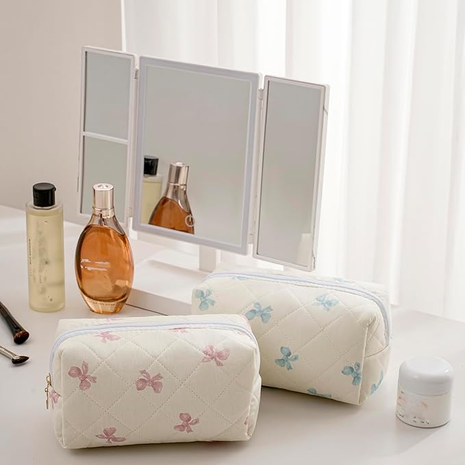 HHQQWZ Makeup Bag Travel Cosmetic Bag for Women Girls, Zipper Make Up Pouch, Floral Flowers Toiletry Organizer Makeup, Portable Storage Cosmetic Travel Cloth Bag (Pink Bow Tie+Blue Bow Tie)