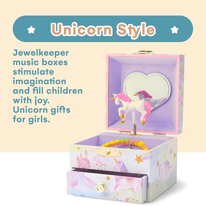 Jewelkeeper Jewelry Box for Girls with 1 Drawer - Unicorn Musical Jewelry Boxes, Beautiful Dreamer Tune, Spinning Unicorn Doll, Little Girl Jewelry Box, Gifts for 5 Year Old Girls, Engineered Wood