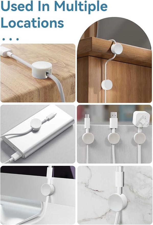 Maveek Magnetic Cable Clips White, Cord Organizer Magnet Silicone Cord Management Charging Cable Holder for Metal Desk, File Cabinet, Home and Office, with Extra Adhesive Plates (5 Piece, Large Size)