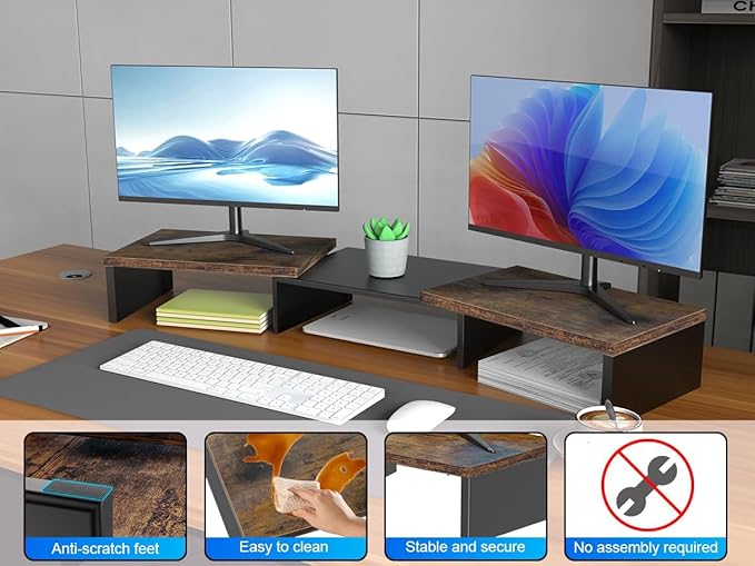 OUTIOE Dual Monitor Stand for Desk, Wooden Monitor Riser, Desk Shelf for Top of Desk, Computer Stand for Home and Office Use (Wood)