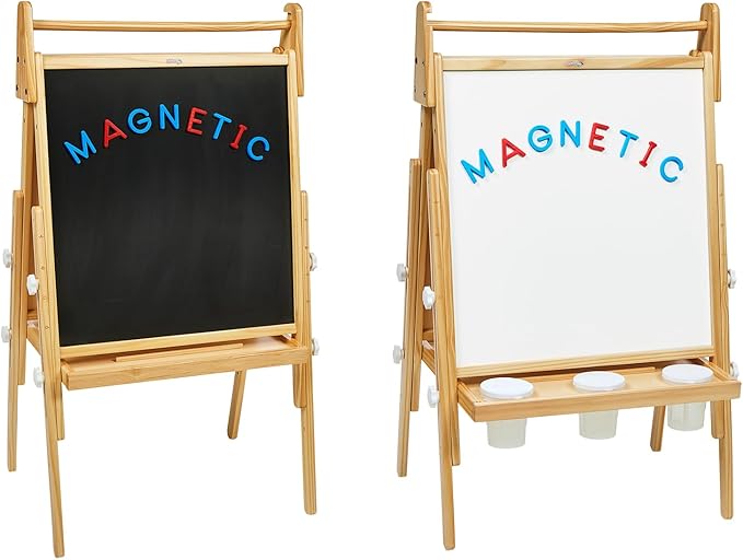 Colorations All in One Wooden Adjustable Easel for Kids, Ages 2-6 + |32", 37", & 41" Heights | Toddler, Preschool, & Kindergarten Art Stand with Whiteboard & Chalkboard | Magnetic