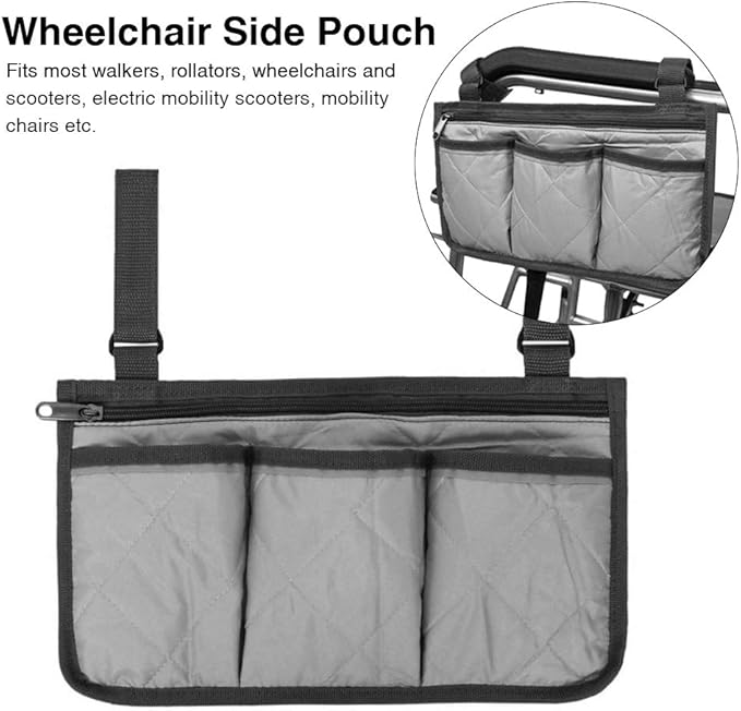 Xiaokeis Wheelchair Side Organizer Storage Bag Armrest Pouch with Cup Hold and Reflective Strip, Waterproof Storage Pouches for Most Wheelchairs Rollators, Walkers Wheelchairs Accessories(Purple)