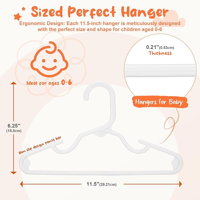 HOUSE DAY Premium Baby Hangers 20 Pack, 11 Inch Kids Plastic Hangers White, Slim Childrens Hangers for Infant, Toddler, and Child Clothes, Durable Baby Clothes Hangers for Closet