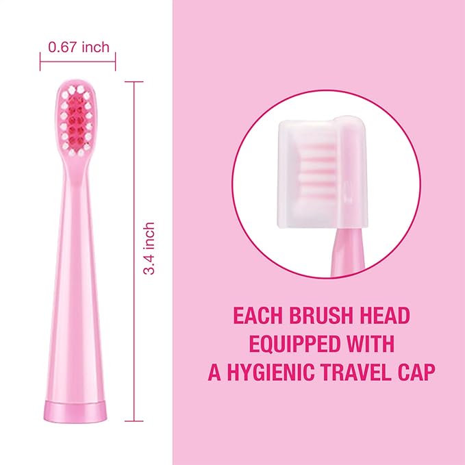 Vekkia Sonic Kids Electric Toothbrush Replacement Heads - 7X More Plaque Removal, End-Rounded 3D Curved Soft Bristles, Comfortable & Efficient Clean Teeth, Perfect for Kid Small Mouth, Pink (4 Pack)