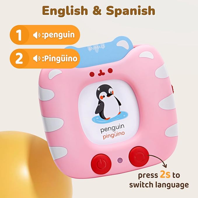 Bilingual Spanish & English Talking Flash Cards for Toddlers 1-5, 454 Words+6 Songs, Clear Voice & Thick Cards & Easy to Slide in and Out, Independent Play & Speech Development Toys