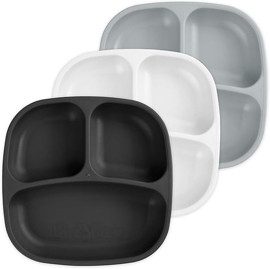 Re-Play Made in USA 7" Deep Walled Divided Plates for Kids, Set of 3 - Reusable 3 Compartment Plates, Dishwasher and Microwave Safe - 7.37" x 7.37" x 1.25", Monochrome