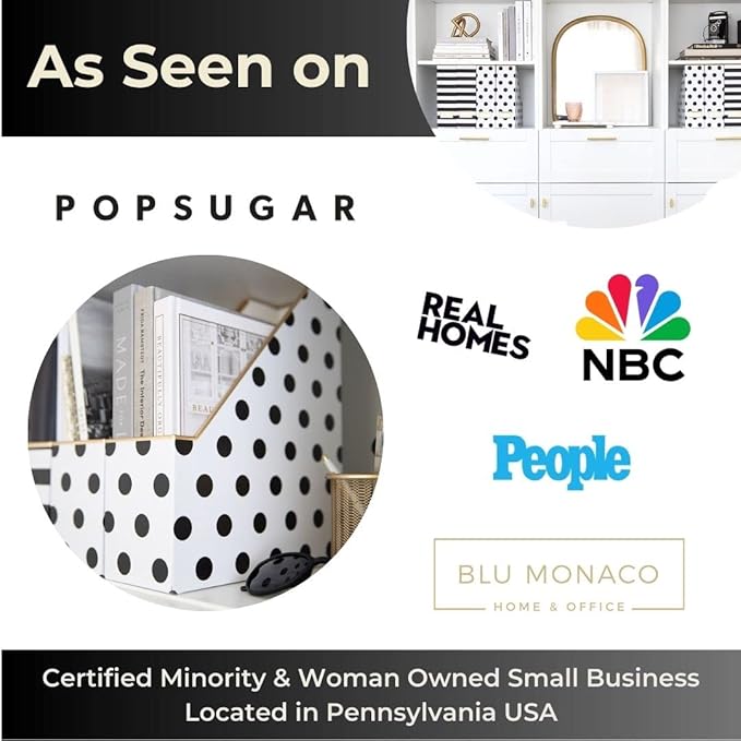 BLU MONACO Set of 4 Magazine File Boxes | 2 Black & White Stripes + 2 Polka Dots | Cardboard File Organizer Boxes for Desk, Office & Classroom Paper Storage – Foldable Magazine Holders