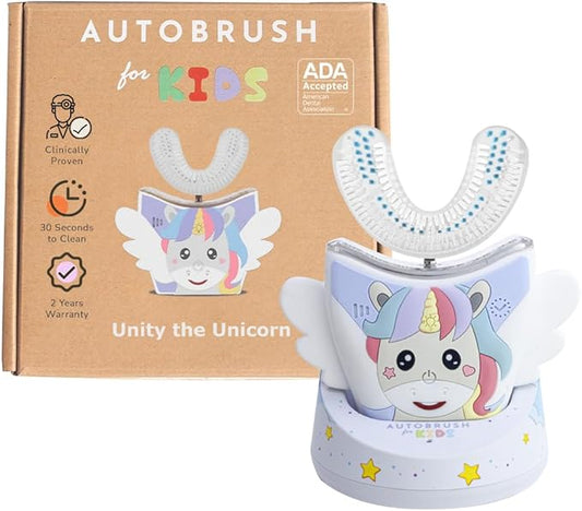 autobrush Kids U Shaped Electric Toothbrush, ADA Accepted, Sonic Pro with Unique 360° Nylon Bristles 3 Cleaning Modes,Whitening LED-Lights,Plays Music (Double-Sided),Ages 9-12, Unicorn