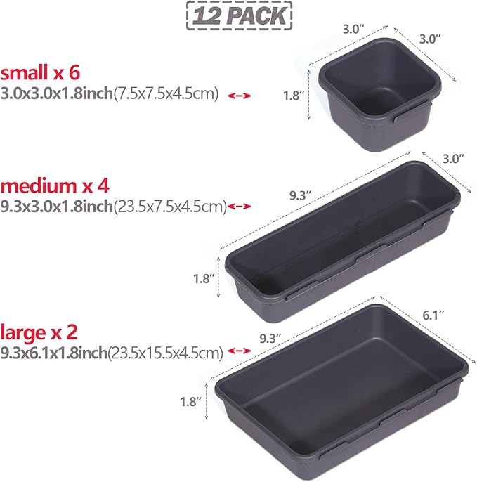 Set of 12 Interlocking Desk Drawer Organizer Tray Dividers Plastic Shallow Narrow Drawers Organizers Separators and Storage Bins Container for Kitchen Bathroom Makeup Office Vanity Bedroom Dresser