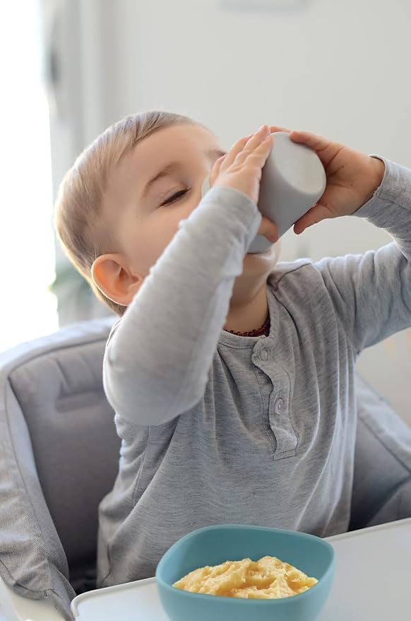 BEABA Silicone 4 Piece Baby Feeding Set, Suction Plates for Baby, Includes Plate, Bowl, Cup, 2nd Stage Silicone Spoon, High Grade Food Safe Silicone, Rain