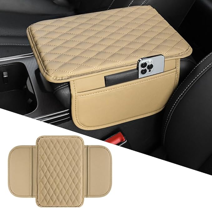 OtpOutopa Car Center Console Armrest Cover, Leather Car Center Console Cover Cushion with 2 Storage Bags, Universal Center Console Pad Car Armrest Lids Storage Box Auto Interior Accessories (Beige)