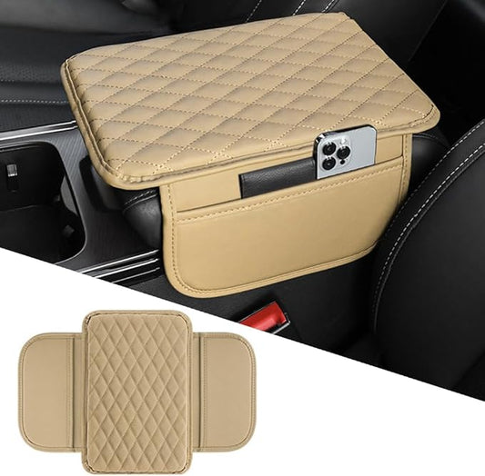 OtpOutopa Car Center Console Armrest Cover, Leather Car Center Console Cover Cushion with 2 Storage Bags, Universal Center Console Pad Car Armrest Lids Storage Box Auto Interior Accessories (Beige)