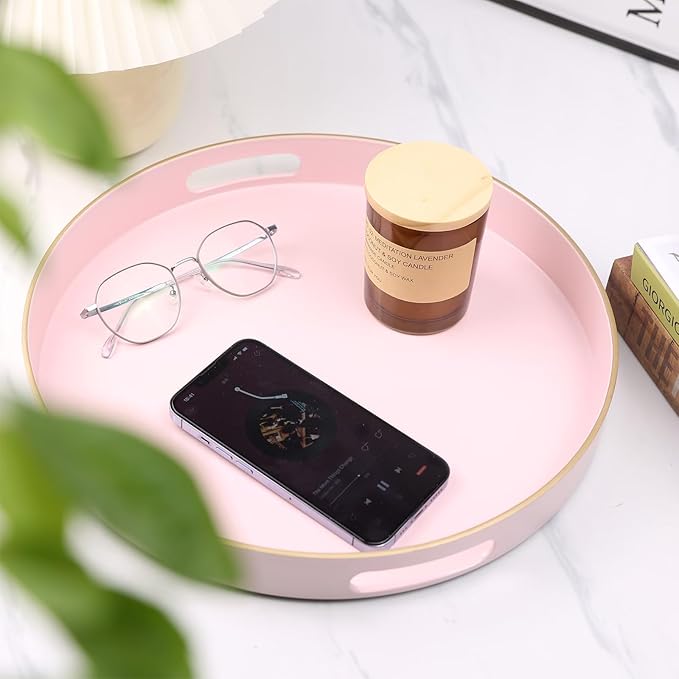Omuriko Pink Round Decorative Tray with Handles, 13" Versatile Serving Tray for Coffee Table, Ottoman, Ideal for Serving, Displaying, Organizing