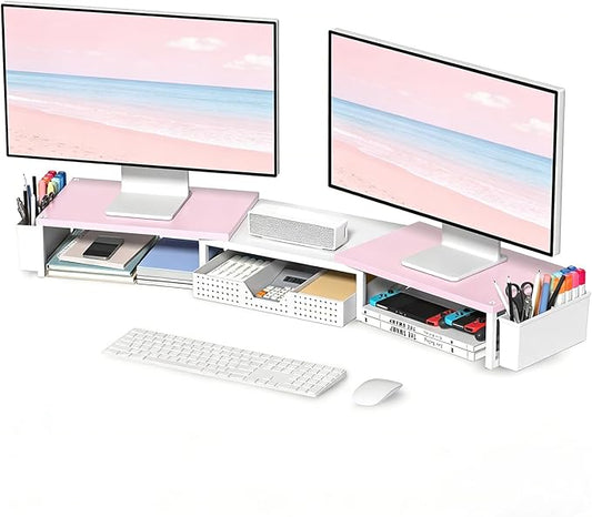 OPNICE Wood Desk Organizers and Accessories, Dual Monitor Stand Riser with Drawer and 2 Pen Holders, Desk Shelf Computer Racks for Office Workspace Organizers, Desktop Organization (Pink＆ White)