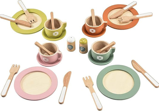Giant bean 27PCS Wooden Toy Plates and Dishes for Kitchen Set, Wooden Play Kitchen Accessories for Girls and Boys, Montessori Toys, Christmas Birthday Gift for Kids