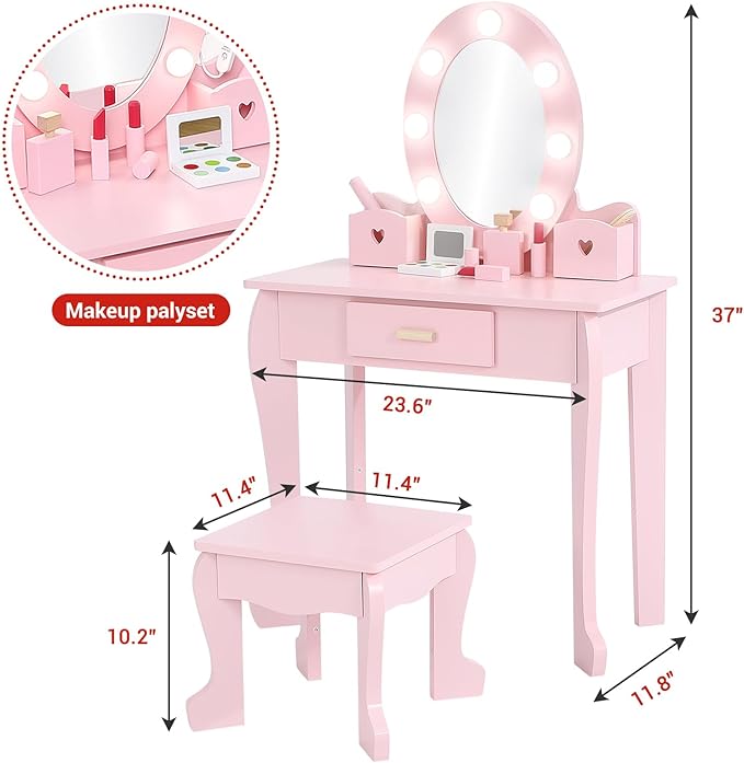 Kids' Vanity Set with Mirror and Light, Makeup Table and Stool for Girls, Vanity Table and Chair Set with Wood Makeup Playset for 4-9 Girls, Pink （Batteries Not Included）