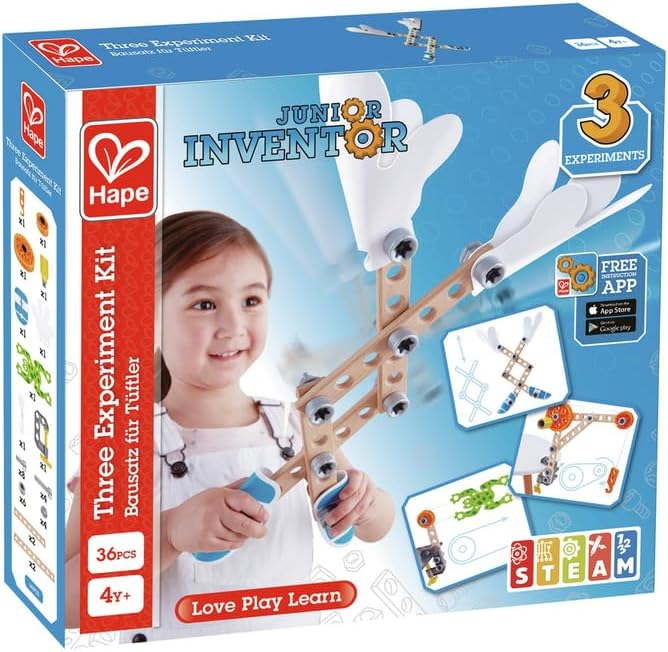 Hape Three Experiment Kit | Junior Inventor Kids Physics Mechanical Crane, Grabber & Climbing Frog Play Set for Children Aged Four & Up