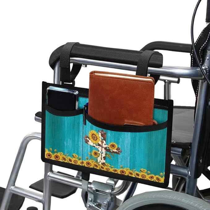 ZOUTAIRONG Sunflower Cross Wheelchair Side Bag Power Wheelchair Bag Walker Bag Walker Organizer Pouch Tote for Rollator and Folding Walker Wheelchair Bags to Hang on Side Wheelchair Accessories