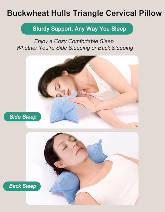 Breathable Buckwheat Cervical Neck Support Pillow, Triangle Pillows for Neck Pain Relief, Adjustable Height Cool Sleep Cylinder Bolster Pillow, Removable Washable, Green 15 X 5 Inches