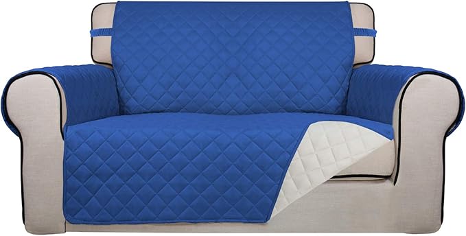 PureFit Reversible Quilted Sofa Cover, Water Resistant Slipcover Furniture Protector, Washable Couch Cover with Non Slip and Elastic Straps for Kids, Pets (Loveseat, Classic Blue/Ivory)