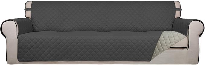 PureFit Reversible Quilted Sofa Cover, Water Resistant Slipcover Furniture Protector, Washable Couch Cover with Non Slip and Elastic Straps for Kids, Dogs, Pets (XX Large, Dark Gray/Beige)
