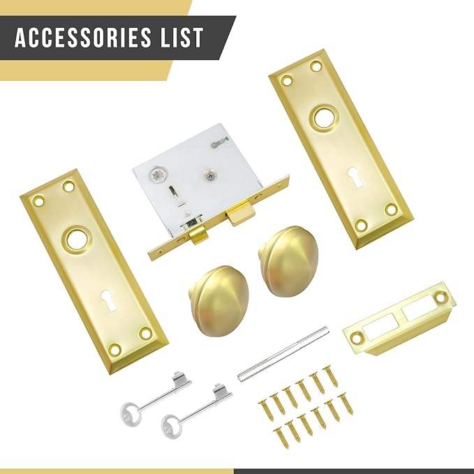 Vintage Door Knob with Lock for Interior Doors Polished Gold, Antique Brass 2 Pack Mortise Lock Set, Old Fashioned Bathroom & Bedroom with Skeleton Key for Old House Doors