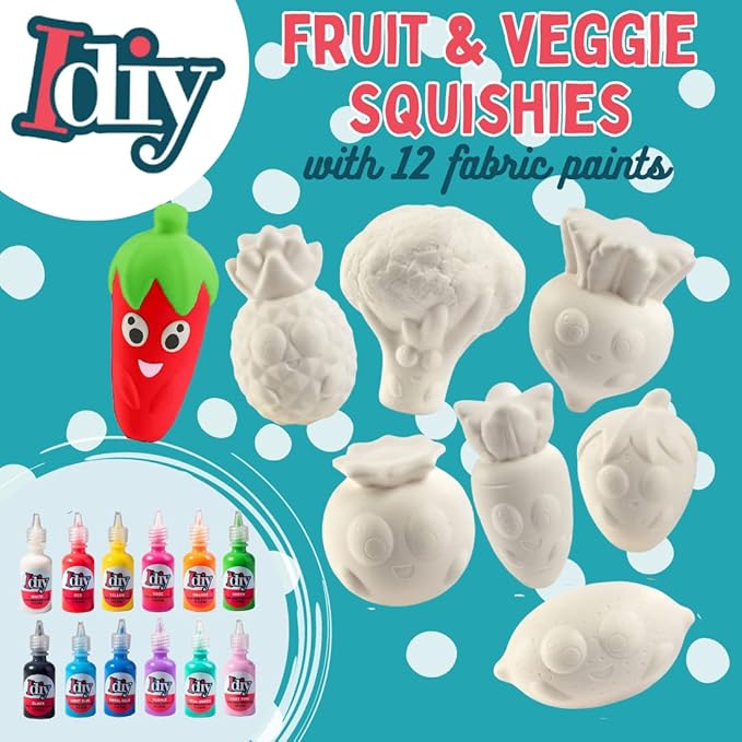 Idiy Party Craft Kit Jumbo Fruit & Veggies Squishies (8 Shapes w 12 Fabric Paints)-White Kawaii Scented Slow Rising Squishy Toys, Scented Stress Relief, Kids School, Birthday Activity Gift (4"-6")