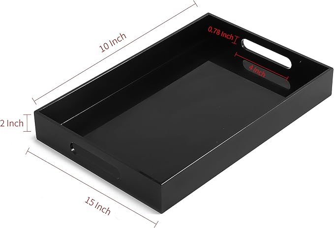 BEYLANG Glossy Black Sturdy Acrylic Serving Tray with Handles-10x15Inch-Serving Coffee,Appetizer,Breakfast,Butler-Kitchen Countertop Tray-Makeup Drawer Organizer-Vanity Table,Ottoman Tray-Decorative