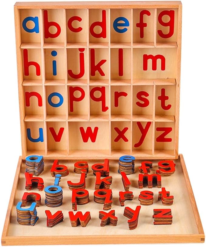 Kghios Montessori Wood Small Movable Alphabet with Box and Large Mat Preschool Spelling Learning Language Materials Toys (Red & Blue)