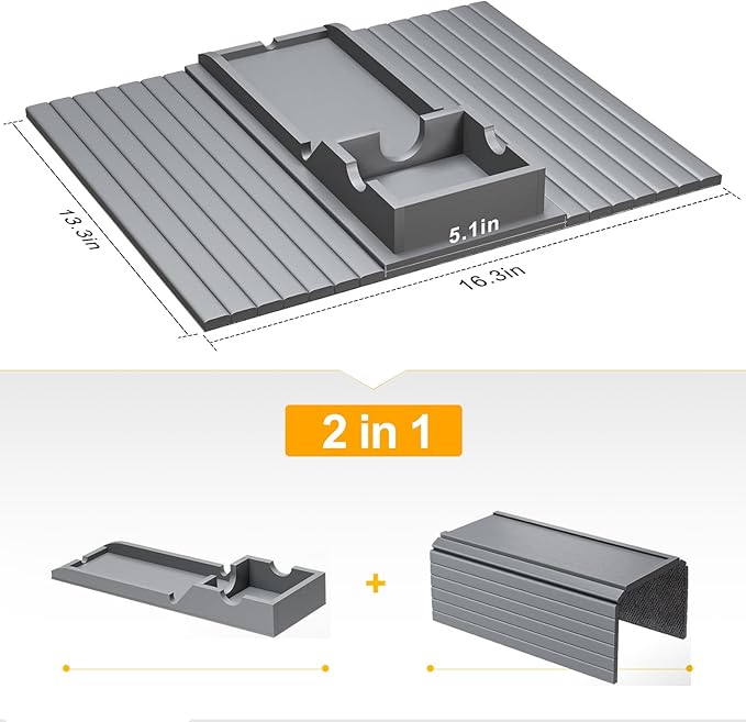Bamboo Couch Armrest Table, Sofa Arm Tray with Detachable Couch Cup Holder- 2 in 1 Anti-Slip Foldable Sofa Armchair Caddy Table for Drinks Cellphone TV Remote Snacks (Gray)