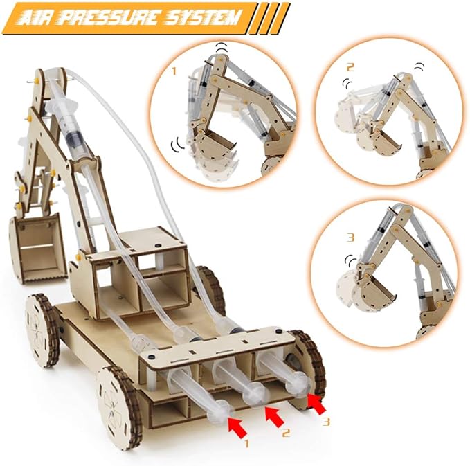 Mini Tudou 3D Wooden Construction Excavator Vehicle Toys Set, STEM Science Kit with Air Pressure System to Build A Wood Excavator Model Including 3 Replaceable Gripper & Digger for Kids Boys Girls