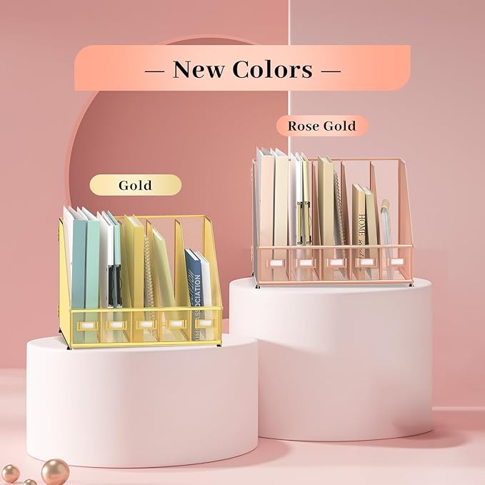 SUPEASY Desk Organizers Metal Desk Magazine File Holder with 5 Vertical Compartments Rack File Organizer for Office Desktop, Home Workspace, Rose Gold