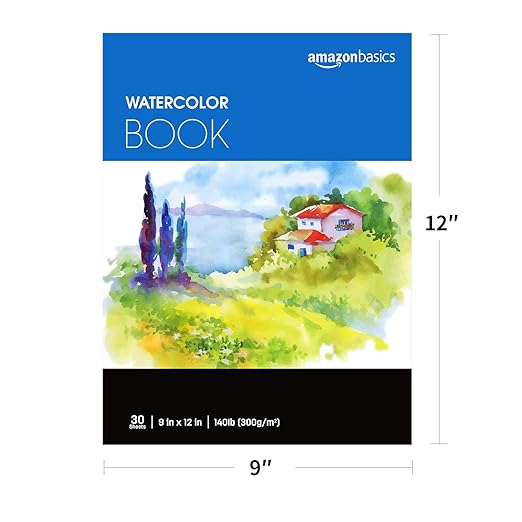 Amazon Basics Watercolor Pad, 9"x12", 140 lb / 300 gsm, 30 Sheets, White
