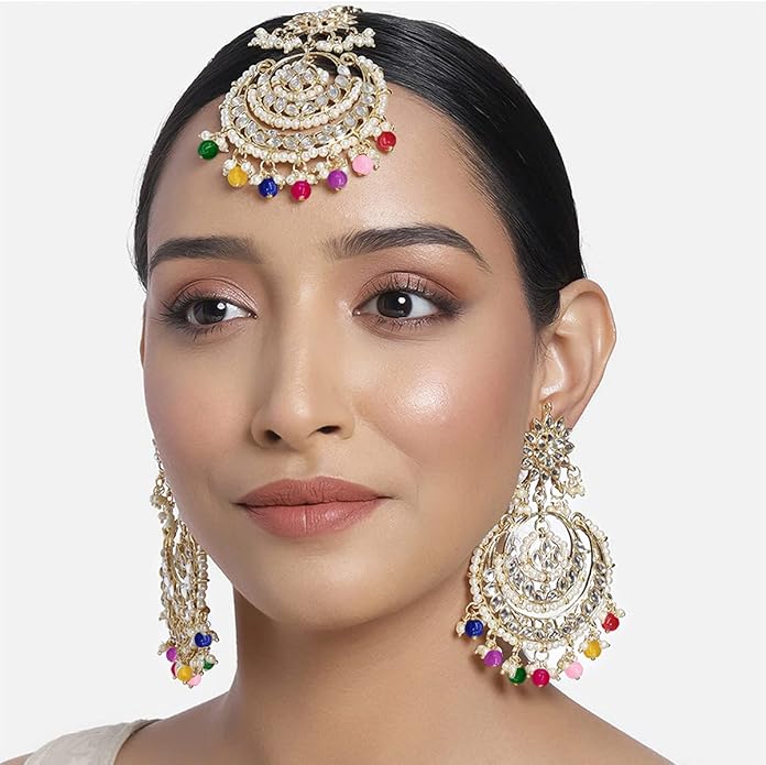 Aheli Bollywood Ethnic Chandbali Style Big Earrings Maang Tikka Set Traditional Fashion Jewelry Gift for Women