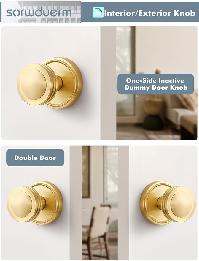 4 Pack Dummy Gold Door Knobs Satin Brass Interior Dummy Door Handle Single Sided Decorative,Zinc Alloy