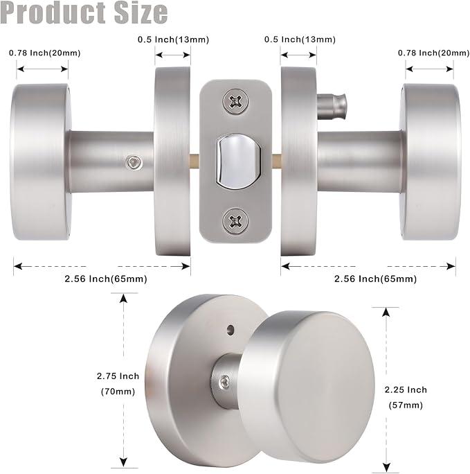 Brushed Nickel Door Knobs Interior, Satin Nickel Privacy Door Knob Interior with Lock, Round Modern Keyless Bedroom and Bathroom Door Handles