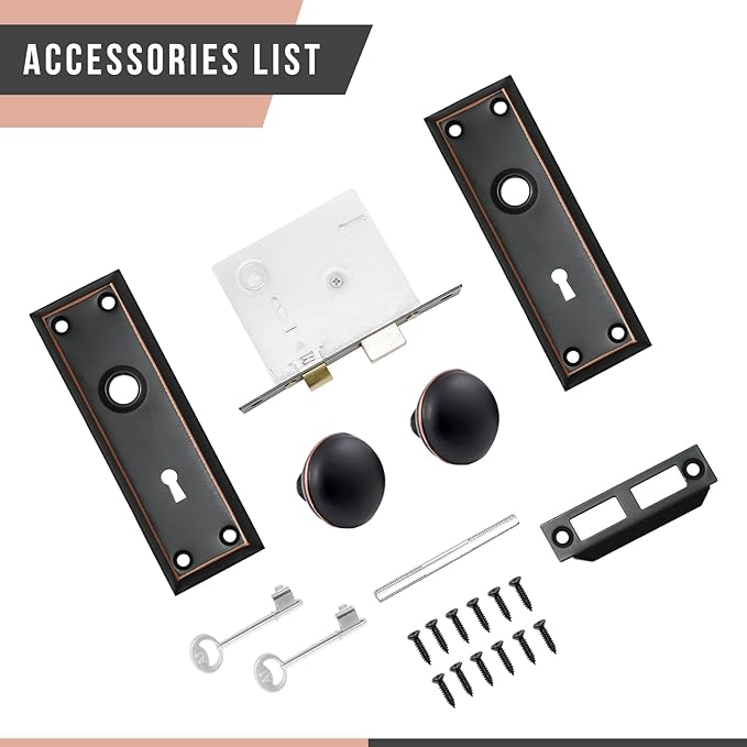 Vintage Door Knob with Lock for Interior Doors Oil Rubbed Bronze, Antique Brass 2 Pack Mortise Lock Set, Old Fashioned Bathroom & Bedroom with Skeleton Key for Old House Doors