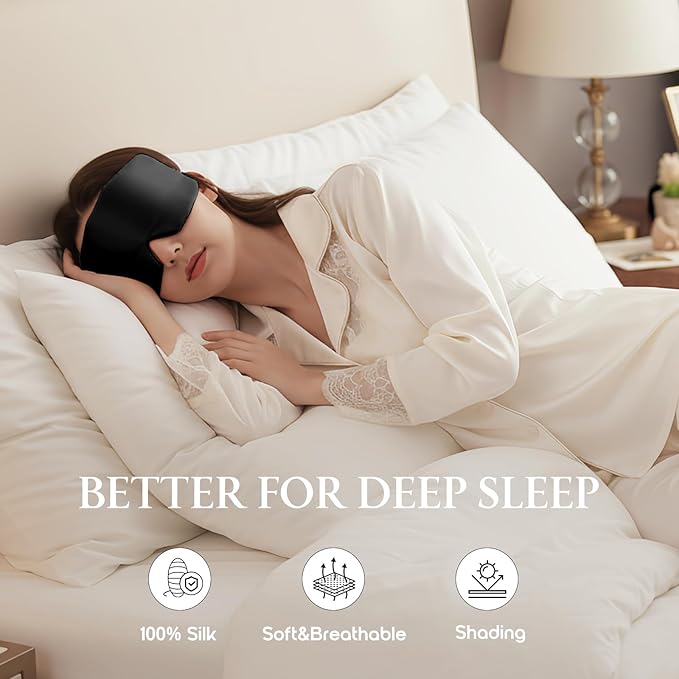 100% Mulberry Silk Sleep Mask, Eye Mask for Deep Sleep and Travel, Soft Breathable Eye Cover with Adjustable Headband (Black)