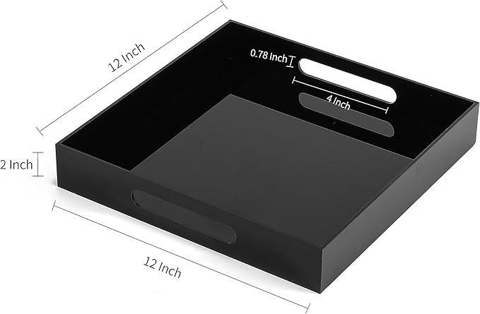 BEYLANG Glossy Black Sturdy Acrylic Serving Tray with Handles-12x12 Inch-Serving Coffee,Appetizer,Breakfast,Butler-Kitchen Countertop Tray-Makeup Drawer Organizer-Vanity Table,Ottoman Tray-Decorative