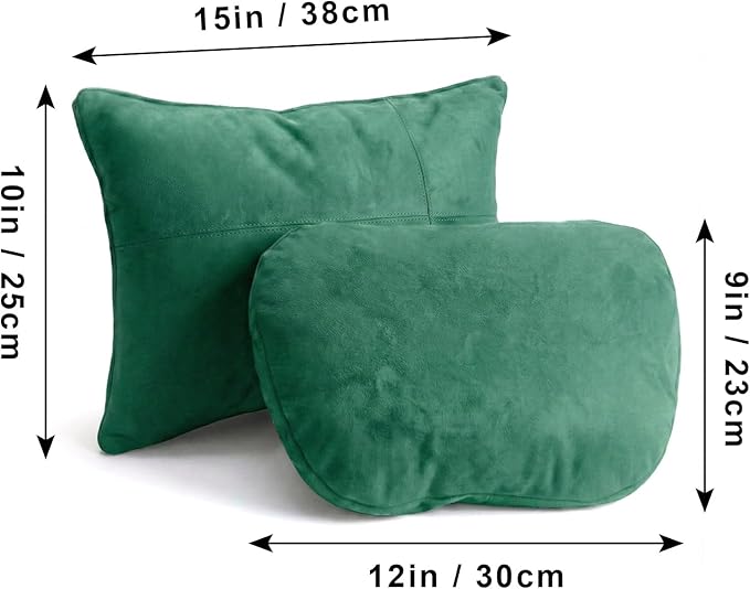 WELBRIT 2PCS Car Pillow for Car Neck Pillow for Driving Seat Lumbar Support Soft Cushion with Extra Filling Accessories Back Support for Travel Nap and Trips Sleeping (Green, Head and Lumbar)