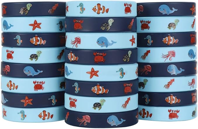 Cleverplay 24 Pack Under the Sea Silicone Wristbands Bracelets, Ocean Life Animal Birthday Decoration Party Favors for Kids