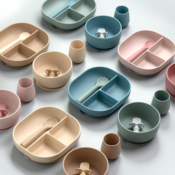 SAMiGO Silicone Baby Feeding Set, Baby Led Weaning Supplies, Suction Bowl Plate Bib Cup Self Feeding Spoons, Solid Food Eating Essentials, First Stage Utensils, 6+ Months