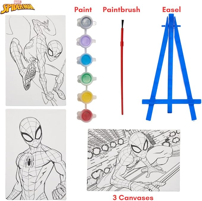 Innovative Designs Marvel Spiderman Canvas Paint Set for Kids with 3 Canvases, Acrylic Paint, Paintbrush, & Easel